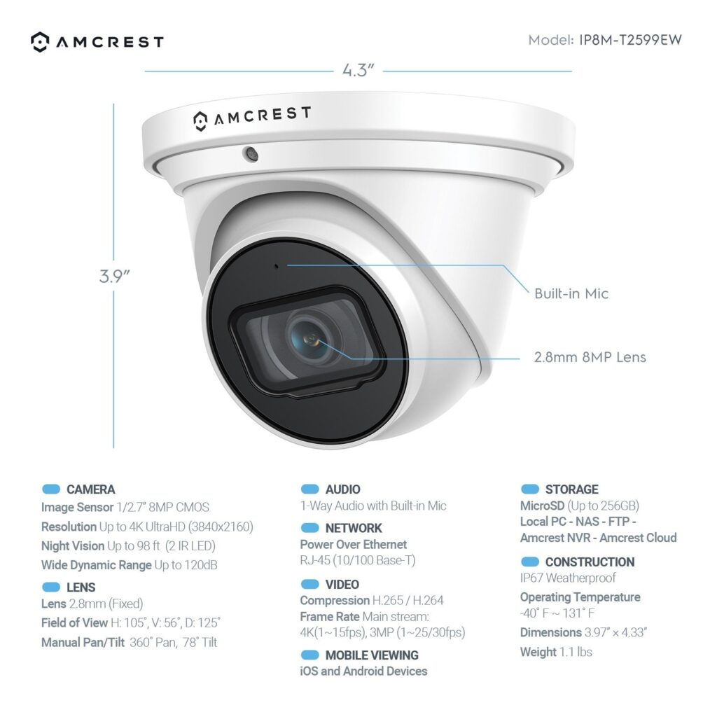 Amcrest UltraHD 4K (8MP) Outdoor Security IP Turret PoE Camera, 3840x2160,  98ft NightVision, 2.8mm Lens, IP67 Weatherproof, MicroSD Recording (256GB),  
